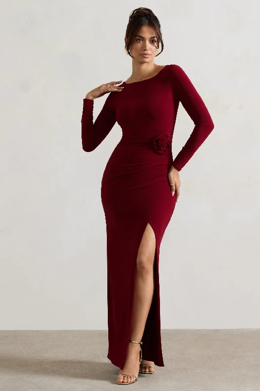 Trendy Pulse Makayla | Berry Long-Sleeve Wrap Maxi Dress With Corsages Sophisticated Cut