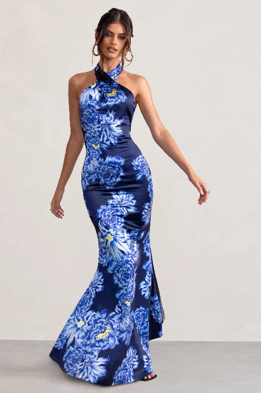 Limited Time Offers Unstoppable | Blue Floral Print Satin Cross Over Halter Neck Maxi Dress Today Only