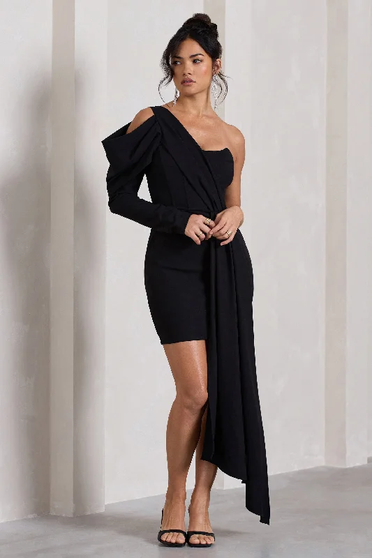 Glamorous Fashion Offers Surprise | Black One-Sleeved Corset Mini Dress With Draping Save on Classic Elegant Styles