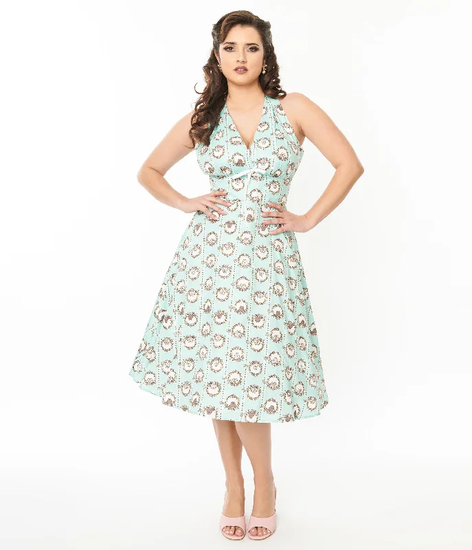 You'Ll Love Us Because Pusheen x Unique Vintage Teal Pusheen Floral Frame Print Halter Swing Dress Chic Allure