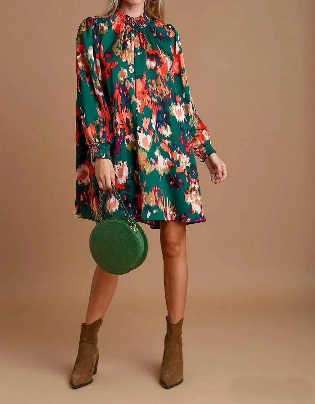 Limited-Time Offer Floral Printed Mock Neck Dress In Hunter Green Parisian Effortless Chic Style