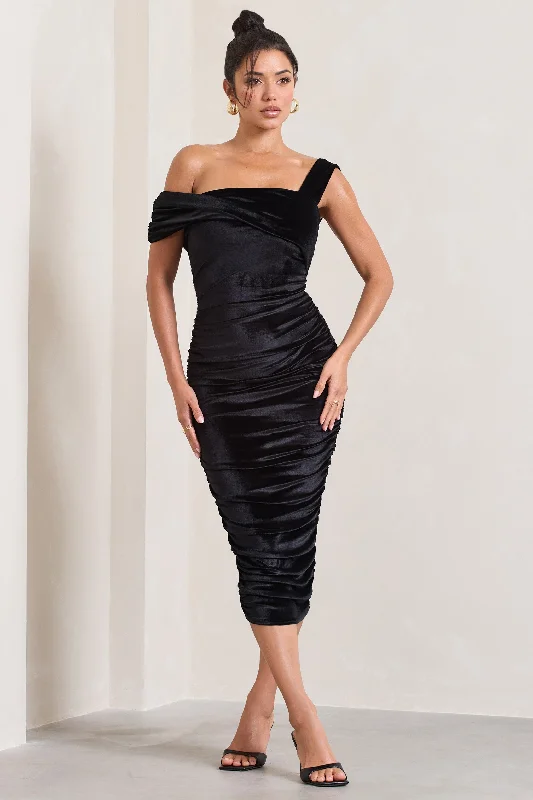 Timeless Elegance Redefined Daniela | Black Velvet One Shoulder Ruched Midi Dress Luxe Layering