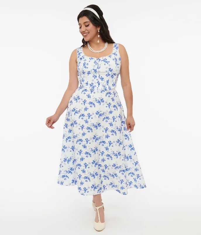 Relaxed Style White & Blue Floral Cotton Midi Dress Formal Outfit