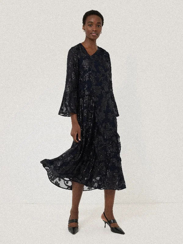 Fast Fashion Favorites Metallic Jacquard Midi Dress | Navy Subtle Sophistication