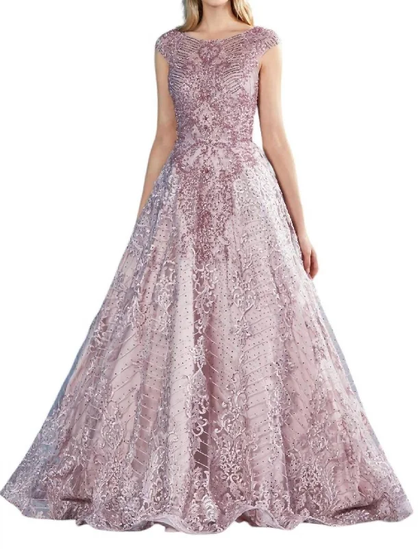 Latest Trends Beaded Lace Cap Sleeve Ballgown In Rose Dreamy Draping