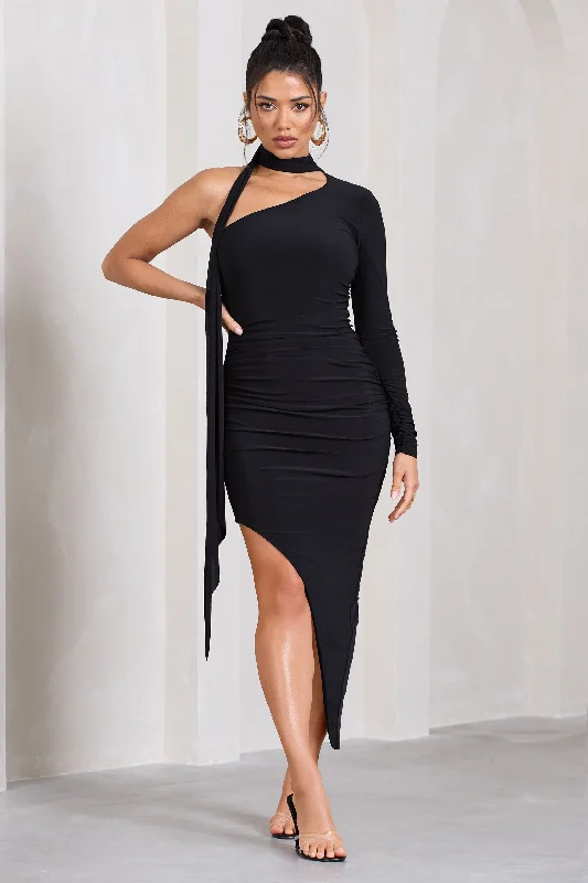 Style Redefined Firestorm | Black Asymmetric One-Sleeved Midi Dress With Scarf Feminine Elegance