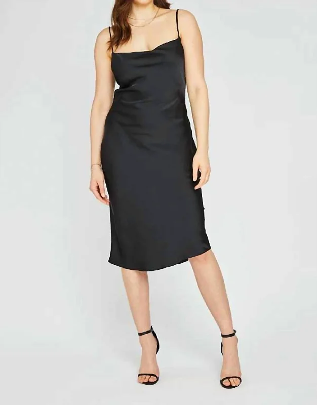 Casual Chic Agatha Satin Midi Dress In Black Effortless Comfort