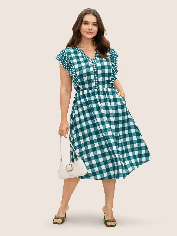 Limited-Time Offer Plaid Notched Ruffle Cap Sleeve Midi Dress Summer Fashion