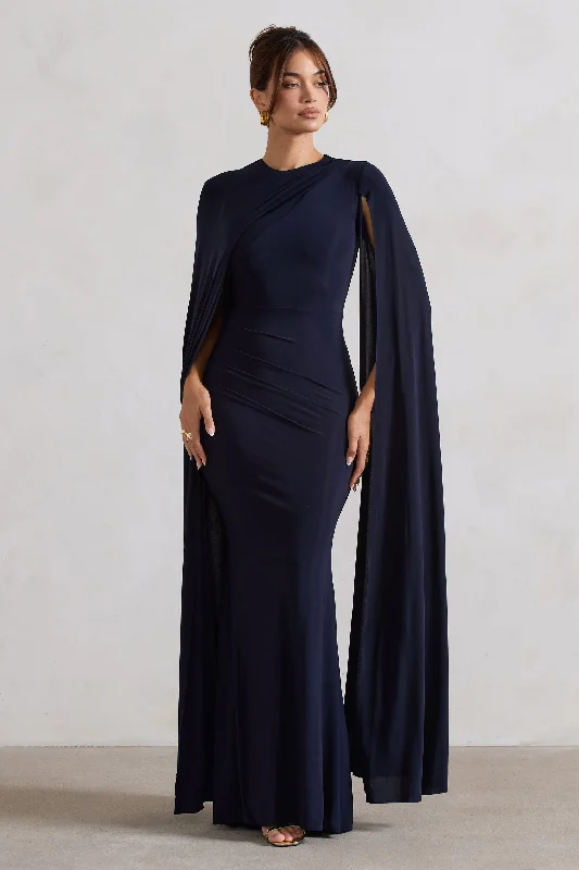 Gift Ideas Magdelena | Navy Asymmetric Cape Maxi Dress Elegant Contour