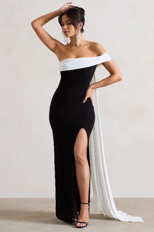 Must Haves Legacy | Black & White Bardot Split Maxi Dress With Drape Effortless Sophistication