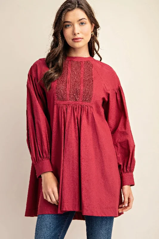 Trend Forward Threads Hot Girl Lucia Lace Cotton Long Sleeve Mini Dress In Red Great Deals on Ethnic Cultural Wear