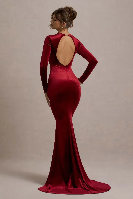 Snag Fabulous Fashion Bargains Keaton | Berry Velvet Long-Sleeve Open-Back Maxi Dress Chic Allure