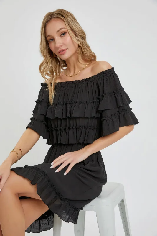 Break Fashion Norms Hot Girl Off Shoulder Boho Ruffle Mini Dress In Bliss Black Minimalist Elegant