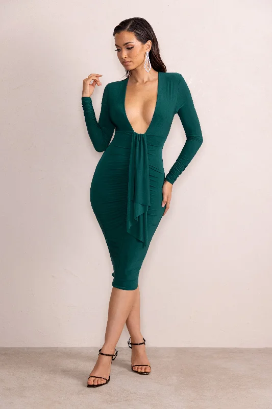 Effortless Style, Endless Impact Inspirational | Bottle Green Plunge Neck Long Sleeves Ruched Midi Dress With Drape Detail Modern Romance