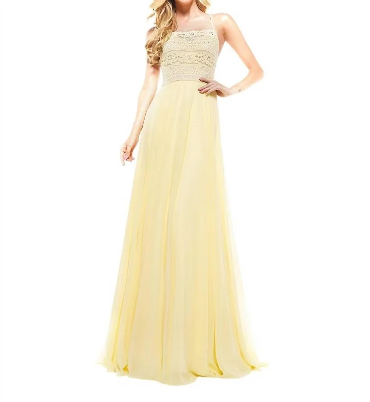 Seasonal Trends Strappy Lace Bodice A-Line Gown In Yellow Graceful Movement