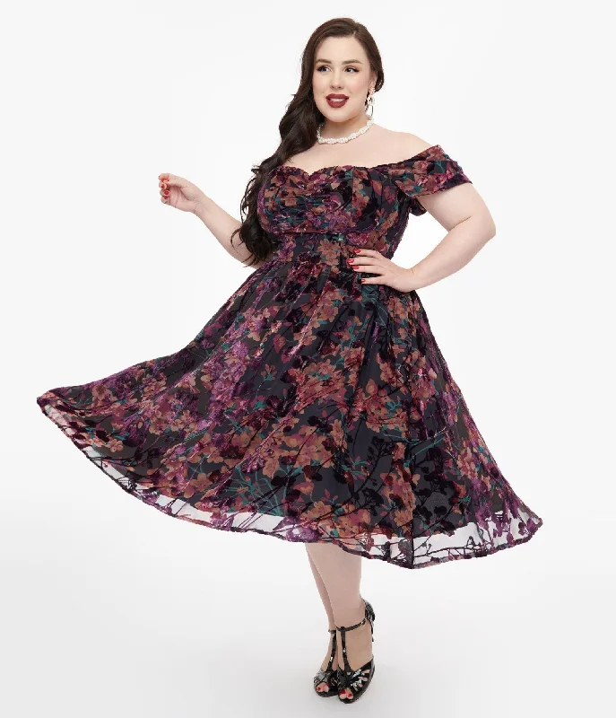 The Latest Trends Unique Vintage Plus Size 1950s Purple Floral Velvet Burnout Off Shoulder Flare Dress Rustic Countryside Charm Look