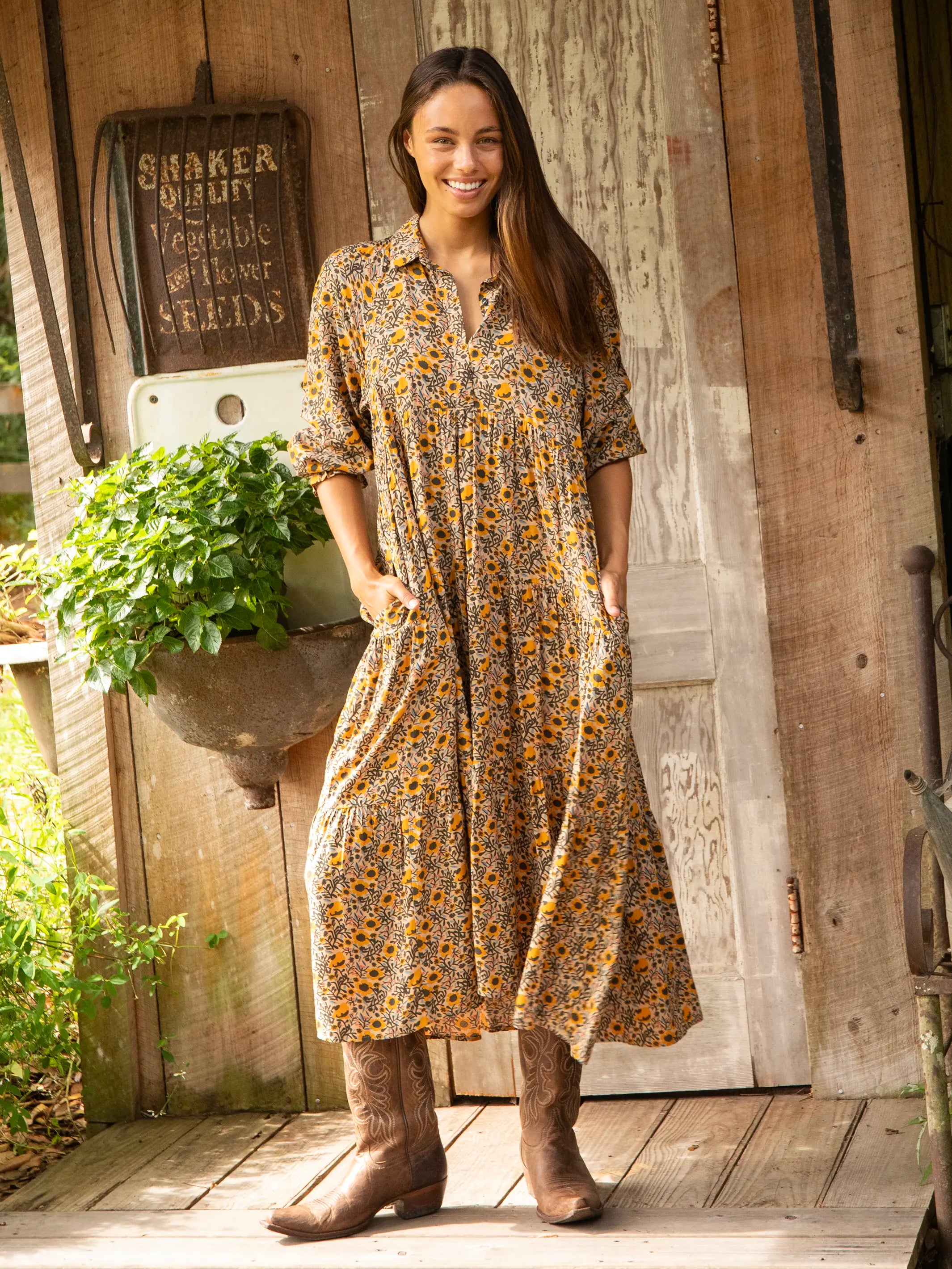 Limited Time Offer Rebecca Long Sleeve Midi Dress - Cream Yellow Sunflower Cottagecore Rustic Charm Style