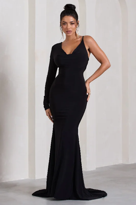 Modern Fashion Sale At Dusk | Black One-Sleeved Cowl-Neck Fishtail Maxi Dress Modern Romance