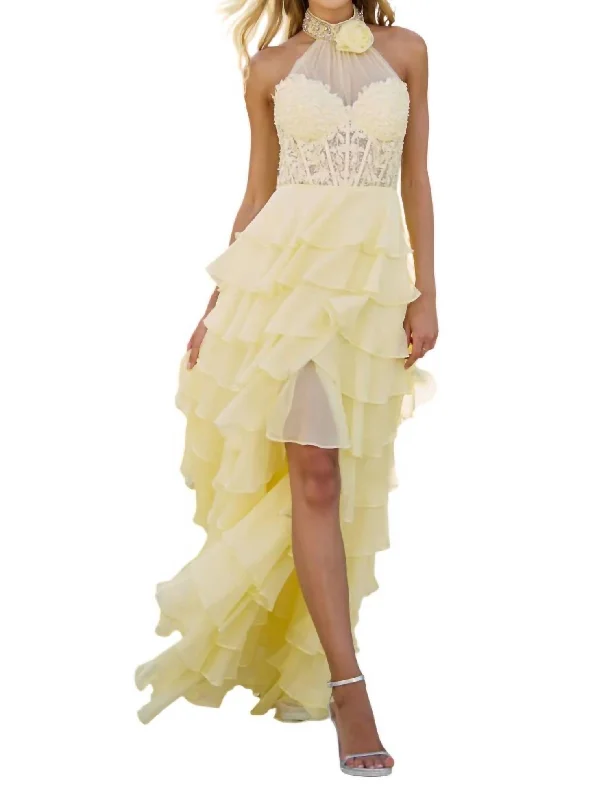 Affordable Trendy Fashion Tiered Ruffle Lace Bodice Gown In Yellow Refined Simplicity