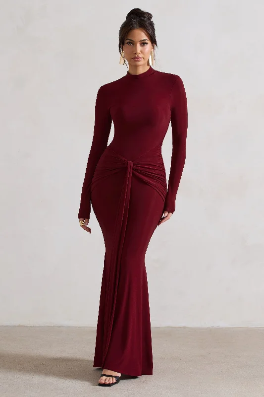 Flash Sale Starts Pietra | Berry High-Neck Long Sleeve Knot Maxi Dress Chic Urban Fashion Look