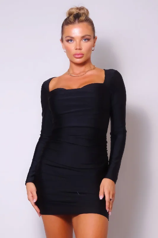 Trend Leading Collection Hot Girl Sylvia Sweetheart Pleated Long Sleeve Mini Dress In Black Contemporary Chic