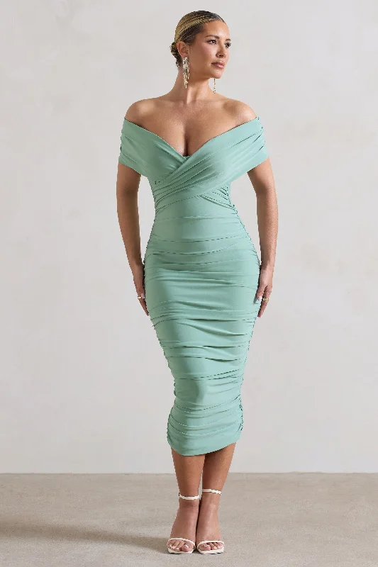 Timeless Style Promotions Unwrapped | Sage Ruched Twist Bardot Midi Dress Chic Sophistication