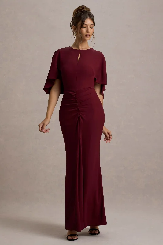 Forward Trendsetter Allison | Berry High-Neck Maxi Dress With Cape Alluring Design