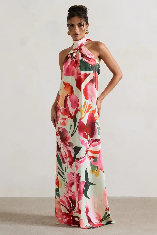 Fashion Forward, Function First Gloriana | Mint Floral Print Satin High-Neck Maxi Dress Timeless Elegant