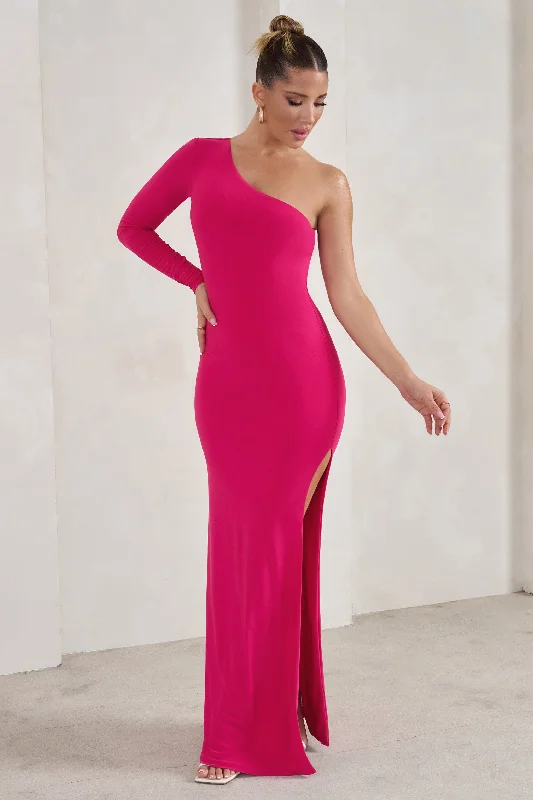 Style Breakthroughs Melanie | Hot Pink One Shoulder Split Maxi Dress Graceful Movement