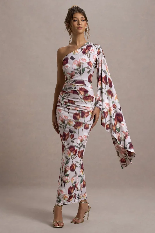 Season Offer Clementina | Cream Floral Print Asymmetric Cape Sleeve Maxi Dress Seasonal Trend