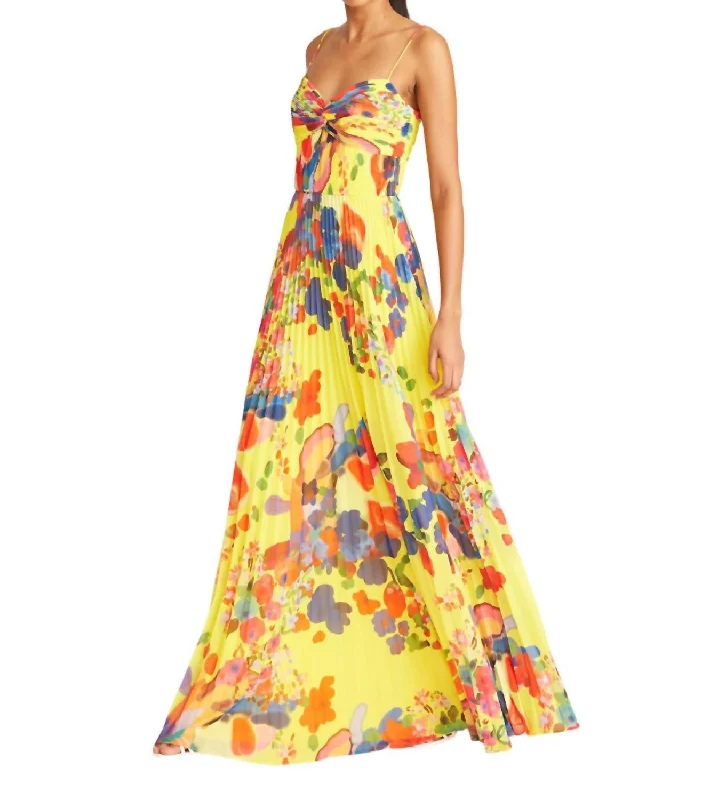 Seasonal Trends Dawson Pleated Gown In Yellow Brushstroke Floral Tropical Island - Inspired Attire