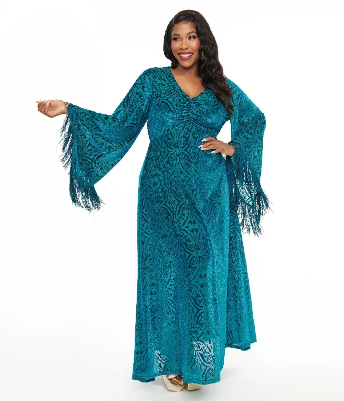 Hot Trends Smak Parlour Plus Size 1970s Teal Floral Fringe Sleeve Maxi Dress Limited - Edition Drops