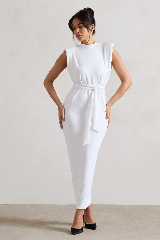 Elevated Casual Discounts Abbie | White High-Neck Maxi Dress With Tie Waist Feminine Flow