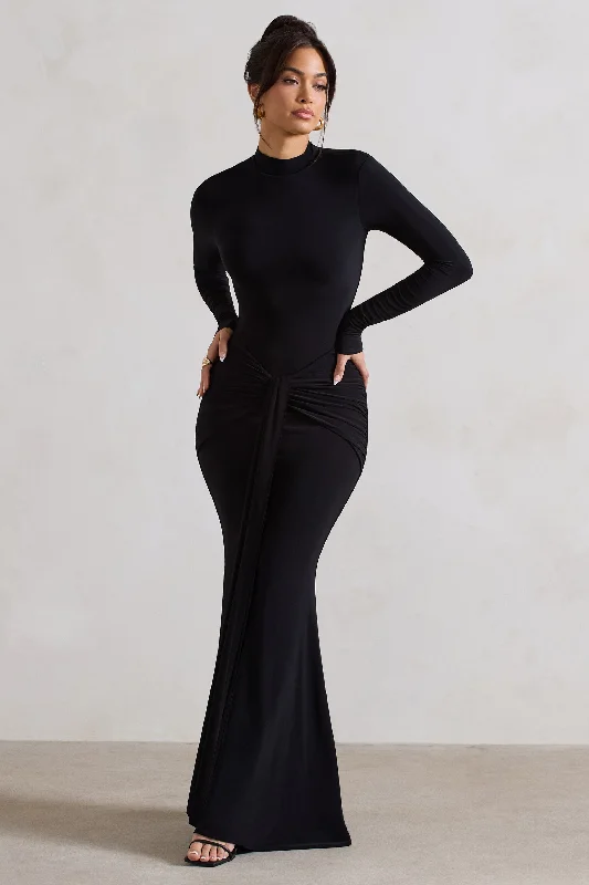 Season Offer Pietra | Black High-Neck Long Sleeve Knot Maxi Dress Minimalist Office - Ready Style