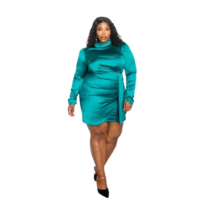 Bid Farewell To The Old Season Satin Mock Neck Rouched Mini Dress Urban Sophistication