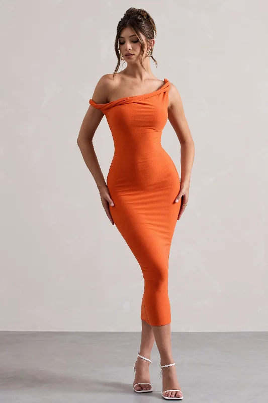 Trendy Women'S Wear Collection Salome | Orange Twisted Asymmetric Midi Dress Effortless Comfort