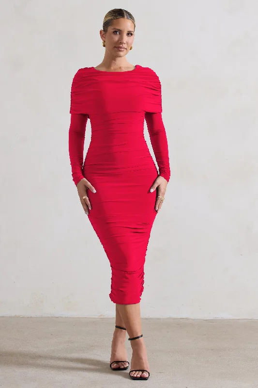 Avant-Garde Style Promotions Lea | Red Long Sleeve Ruched Midi Dress With Draped Bardot Overlay Everyday Glamour