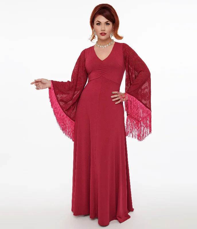 Browse Our Top Products Smak Parlour 1970s Berry Floral Fringe Sleeve Maxi Dress Alluring Design