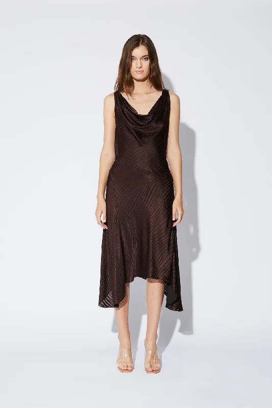 Limited Stock COWL NECK MIDI DRESS | CHOCOLATE BROWN SWIRL Elegant Ensemble