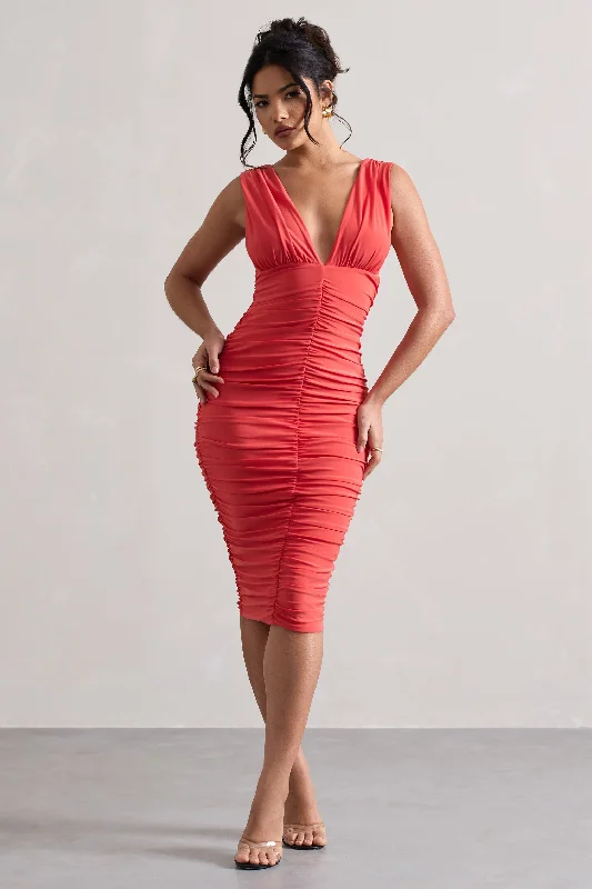 Cozy Comfort Style Sale Attract | Coral Ruched Plunge-Neck Midi Dress Elegant Contour