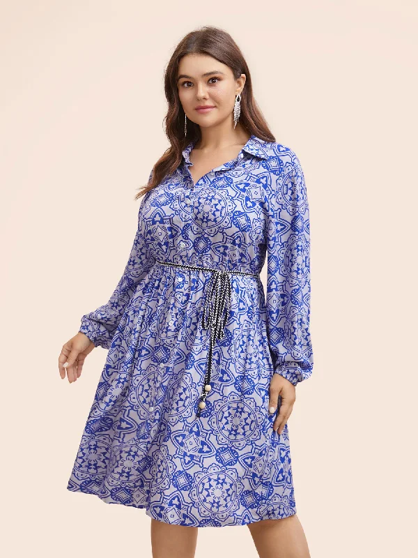 Don't Miss Out Bandana Print Shirt Collar Belted Midi Dress Summer Fashion