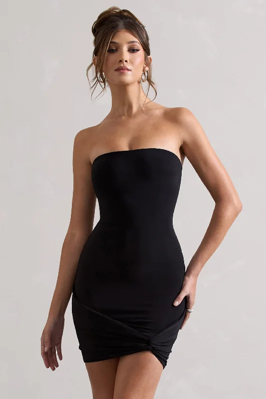 Browse Our Top Products Jamie | Black Strapless Mini Dress With Knot Skirt Flowy Fabric