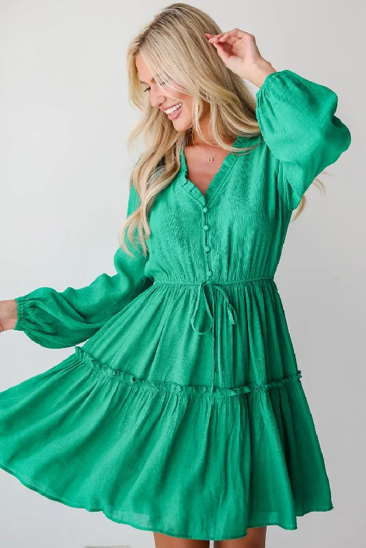 Trendy Women'S Wear Collection Hot Girl Gemma Frill V Neck Long Sleeve Mini Dress In Green Bohemian Vibe