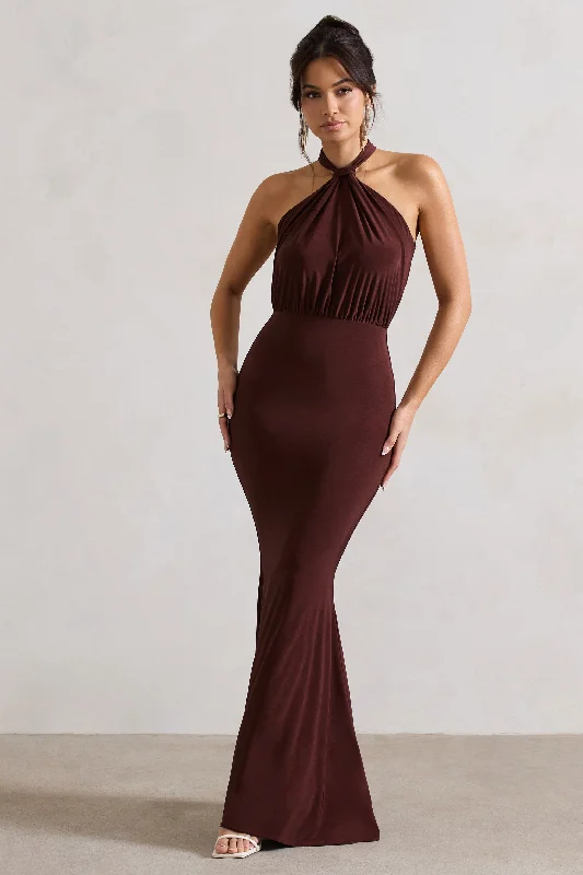 Classic Elegance Sales Vanessa | Chocolate Brown Knot Halter-Neck Maxi Dress Sophisticated Cut