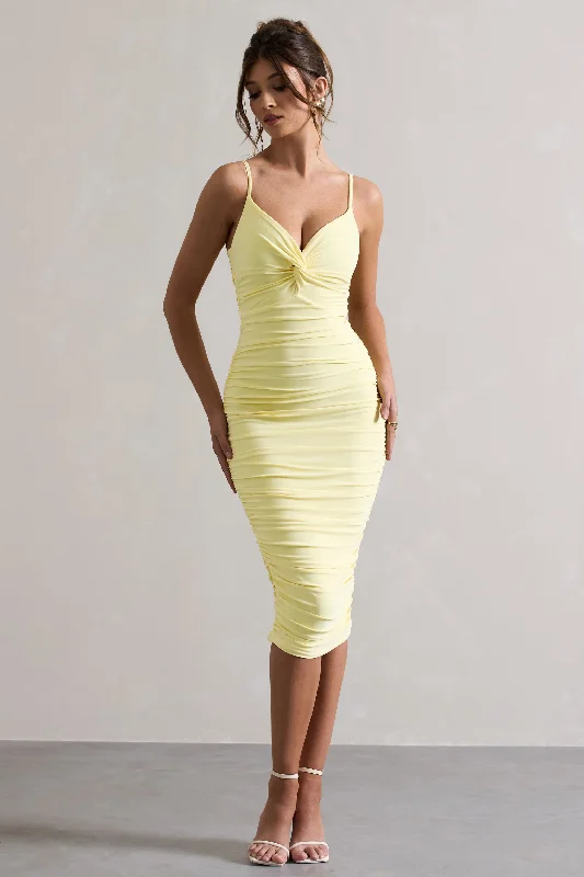 New Season Fashion Preview Desired | Lemon Knot Detail Ruched Midi Dress Sleek Design