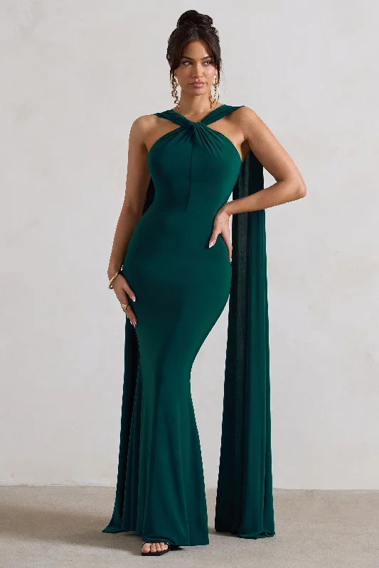 Huge Markdowns First Glance | Bottle Green Twist-Neck Cape Maxi Dress Romantic Date - Night Ensemble