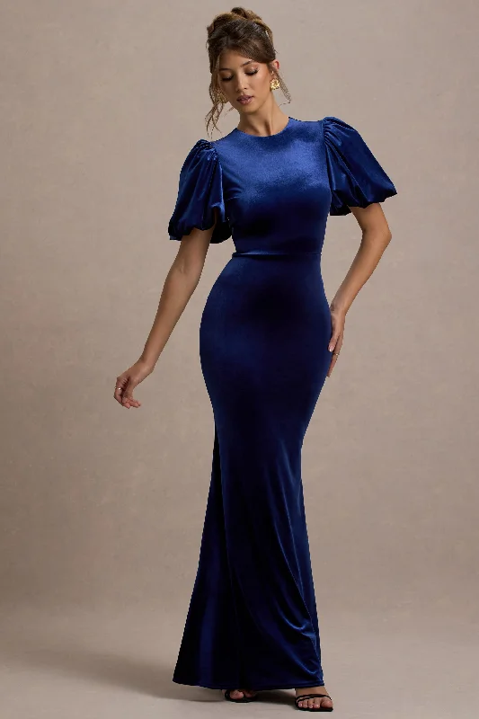 Unleash Your Fashion Ashlin | Navy Velvet Puff-Sleeve Maxi Dress Lightweight Fabric