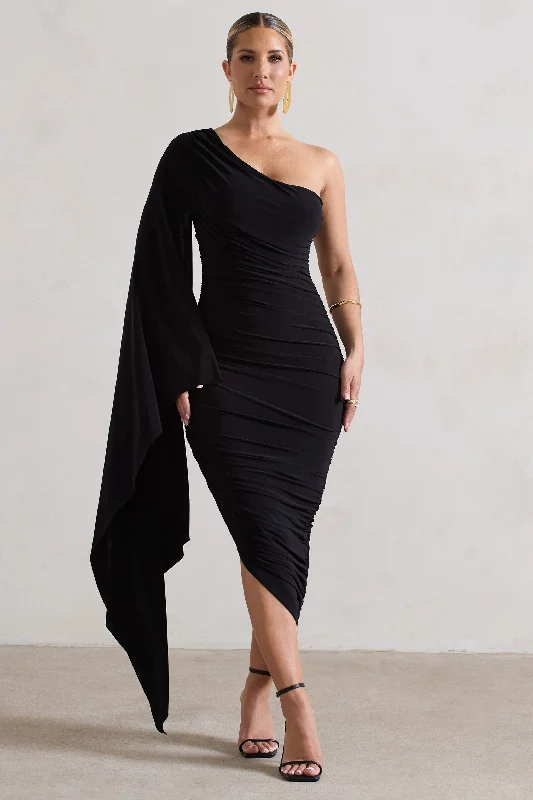 Edgy Fashion Deals Halsey | Black Ruched One Shoulder Cape Sleeve Asymmetric Midi Dress Graceful Cut