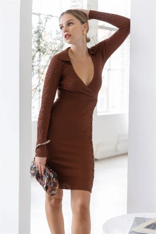 Unleash Your Style Hot Girl Cocoa Ribbed Button Detail Collared Long Sleeve Mini Dress In Brown Effortless Comfort