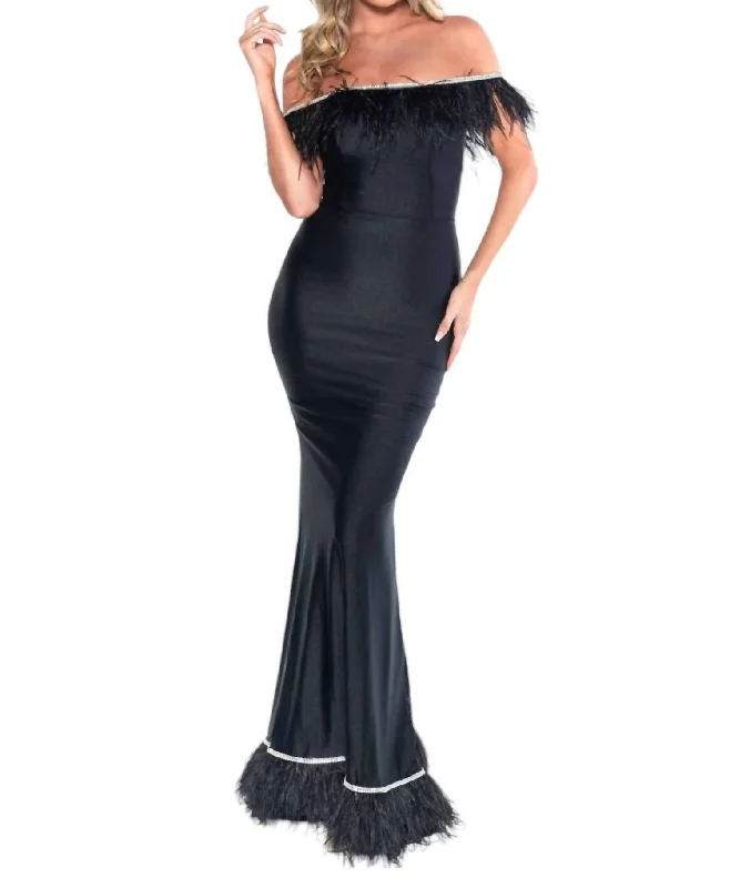 Unleash Your Trend Driven Style Off Shoulder Satin Gown With Feather Trim In Black Modern Romance